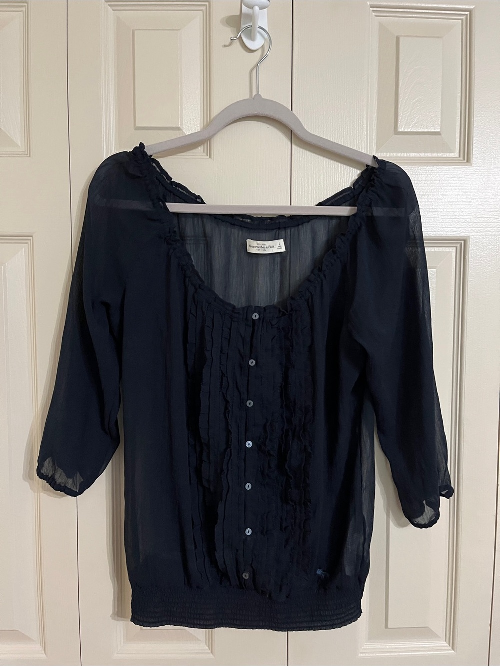 Abercrombie & Fitch Navy Blue Sheer Ruffle Button-Front Blouse